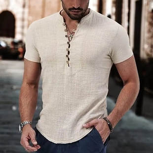 Mens Linen Shirt Plain V-Neck Summer Casual Shirts Men 衬衫