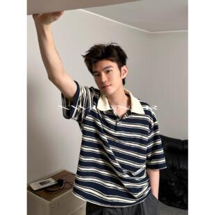 XWINNER复古肌理感vintage条纹通勤宽松Polo衫翻领套头短袖T恤ins