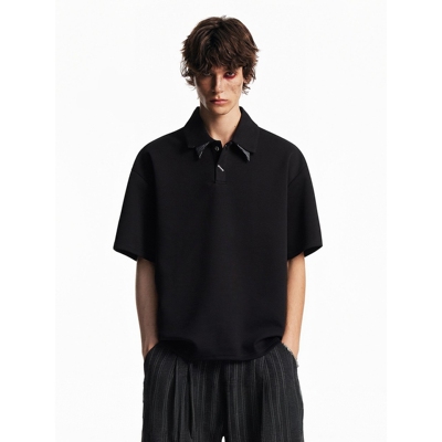 美式cleanfit格纹拼接双层领短袖