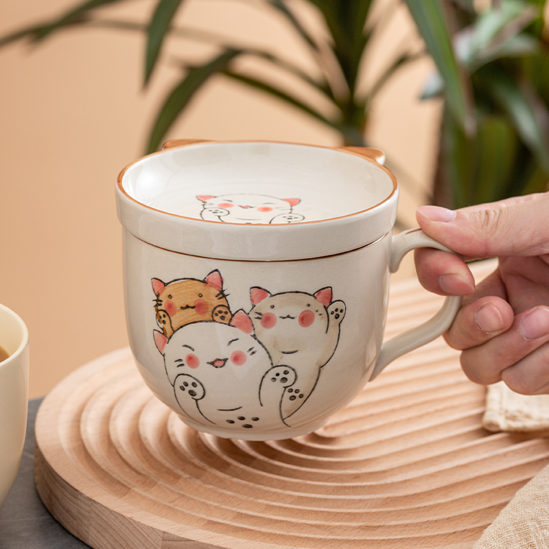 酸奶燕麦杯早餐杯带盖大容量陶瓷卡通牛奶杯子可爱日式可加热水杯