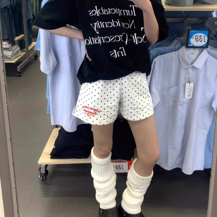 夏季运动短裤美式波点字母刺绣三分裤女宽松阔腿休闲外穿热裤纯棉