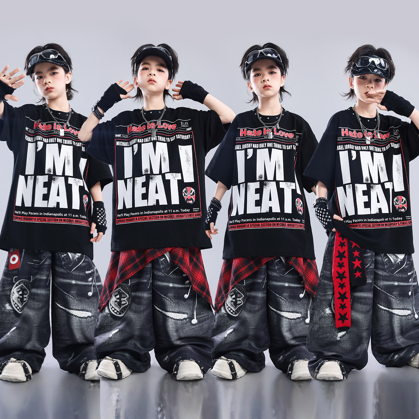 街舞儿童潮服hiphop男童女童套装走秀潮装嘻哈红黑架子鼓表演服装图片