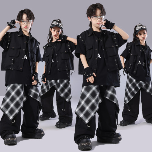 儿童街舞潮服男童嘻哈套装黑色女童hiphop演出服酷帅马甲表演服装