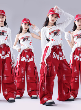 女童红色jazz爵士舞演出服元旦少儿女孩上衣套装儿童街舞服装潮装