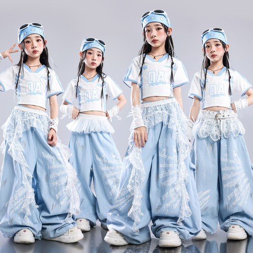 女童jazz爵士舞演出服少儿多巴胺蓝色走秀潮儿童街舞服装女孩套装