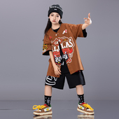 儿童嘻哈潮牌表演服男女童棒球服短袖 少儿街舞服装 hiphop酷帅套装