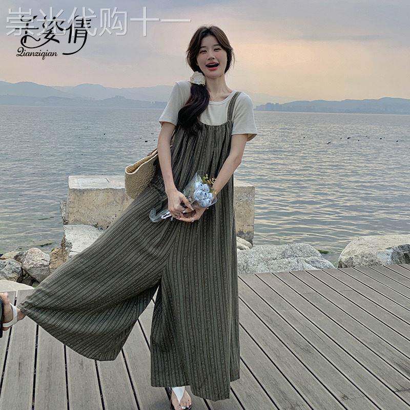 松弛感穿搭套装条纹抱婴袋连身裤夏装搭配一整套慵懒风阔腿裤两件