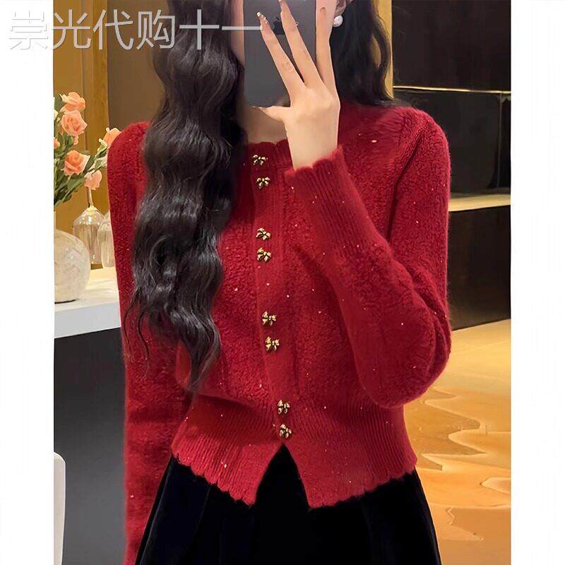 红色毛衣女春秋百搭2025年新款气质韩版时尚小香风短款针织衫上衣