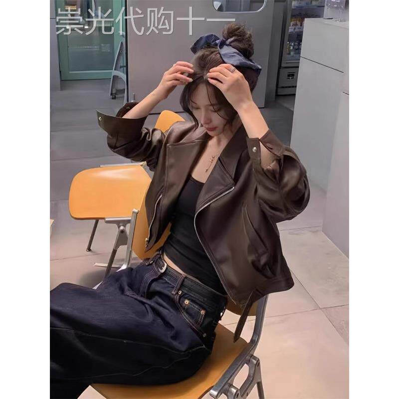 港风覆古咖色pu皮衣外套女春秋欧货新款小个子短款机车夹克上衣