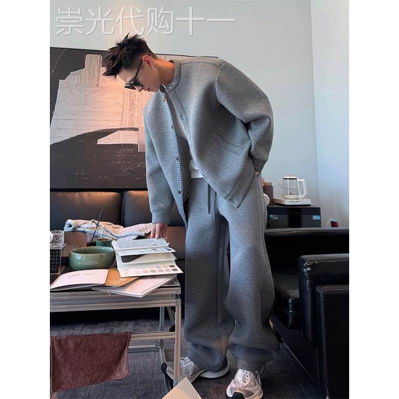 潮牌重磅卫衣阔腿卫裤套装男款秋季2025新款松弛感假两件时尚开衫