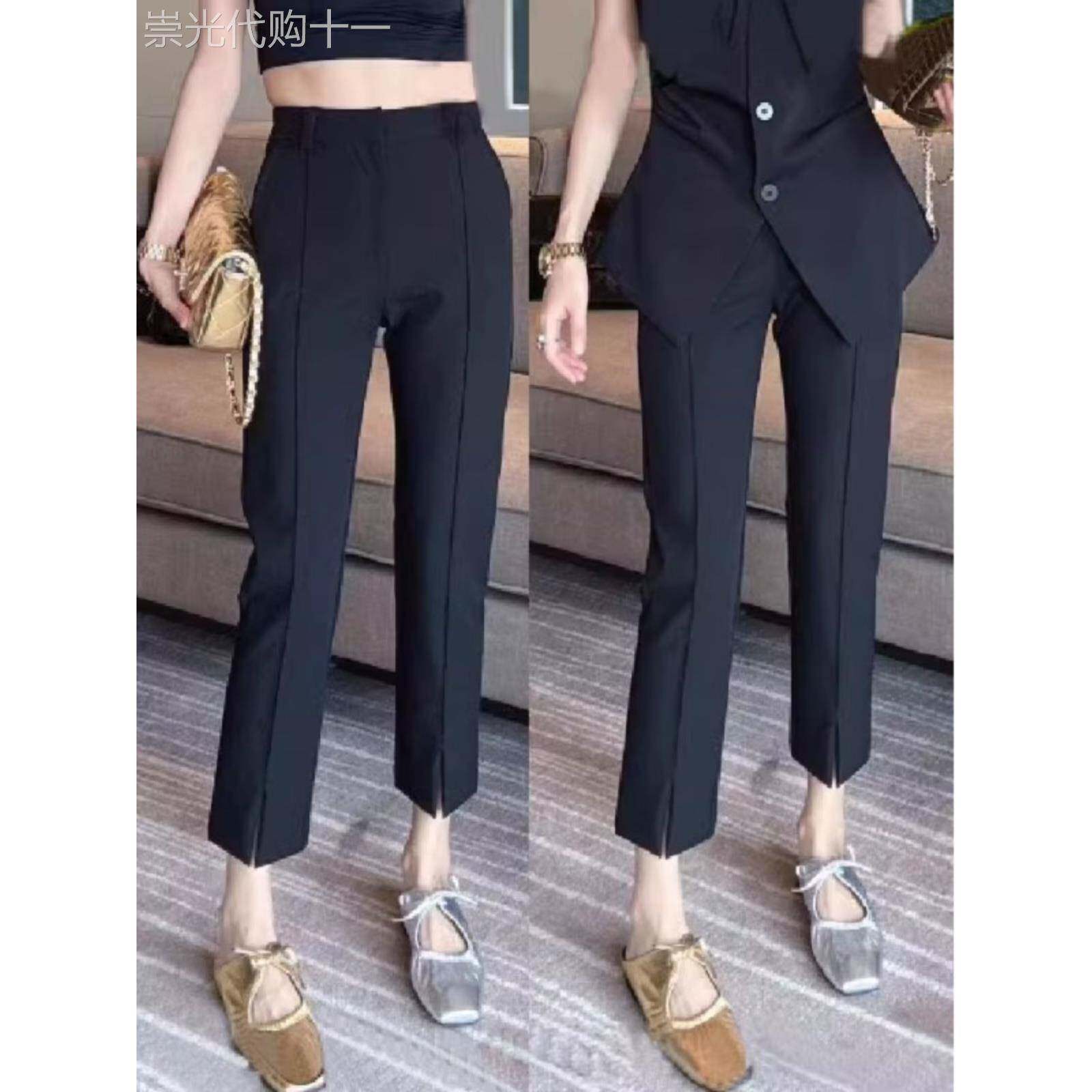 黑色西装裤女士秋季新款小个子高腰开叉直筒裤修身显瘦九分烟管裤