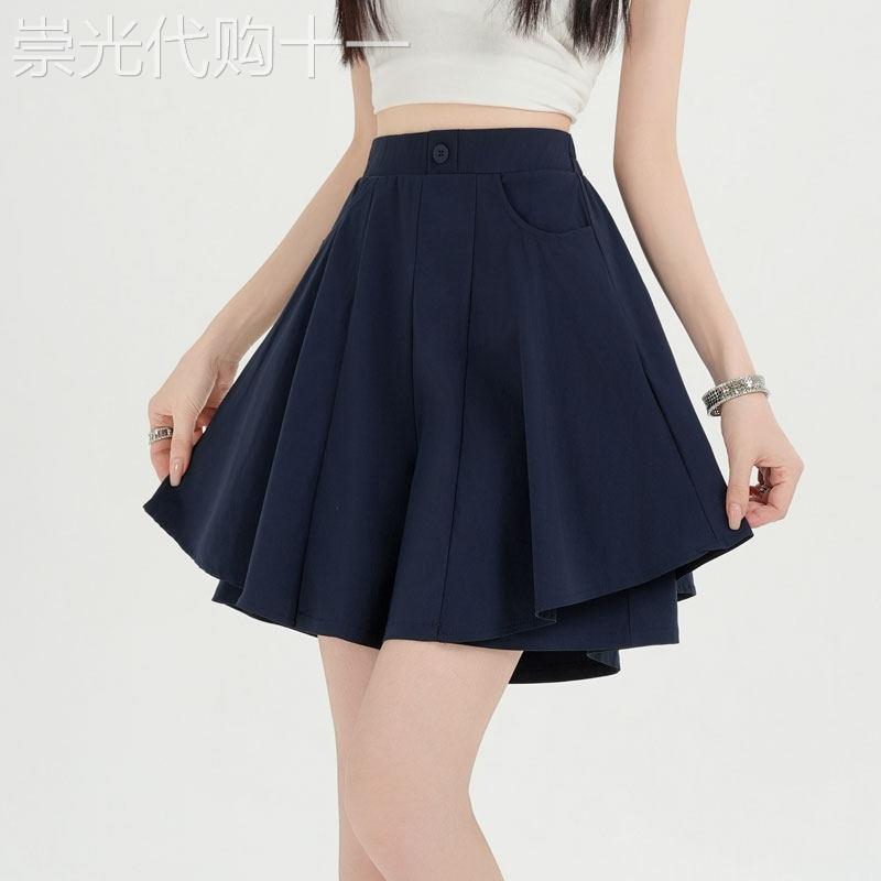 藏青色阔腿短裤女2026年夏季新款高腰薄款垂感显瘦a字五分裙裤子