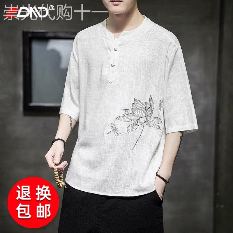 高端亚麻短袖T恤男士2026夏季新款中国风刺绣棉麻唐装男款五分袖图片