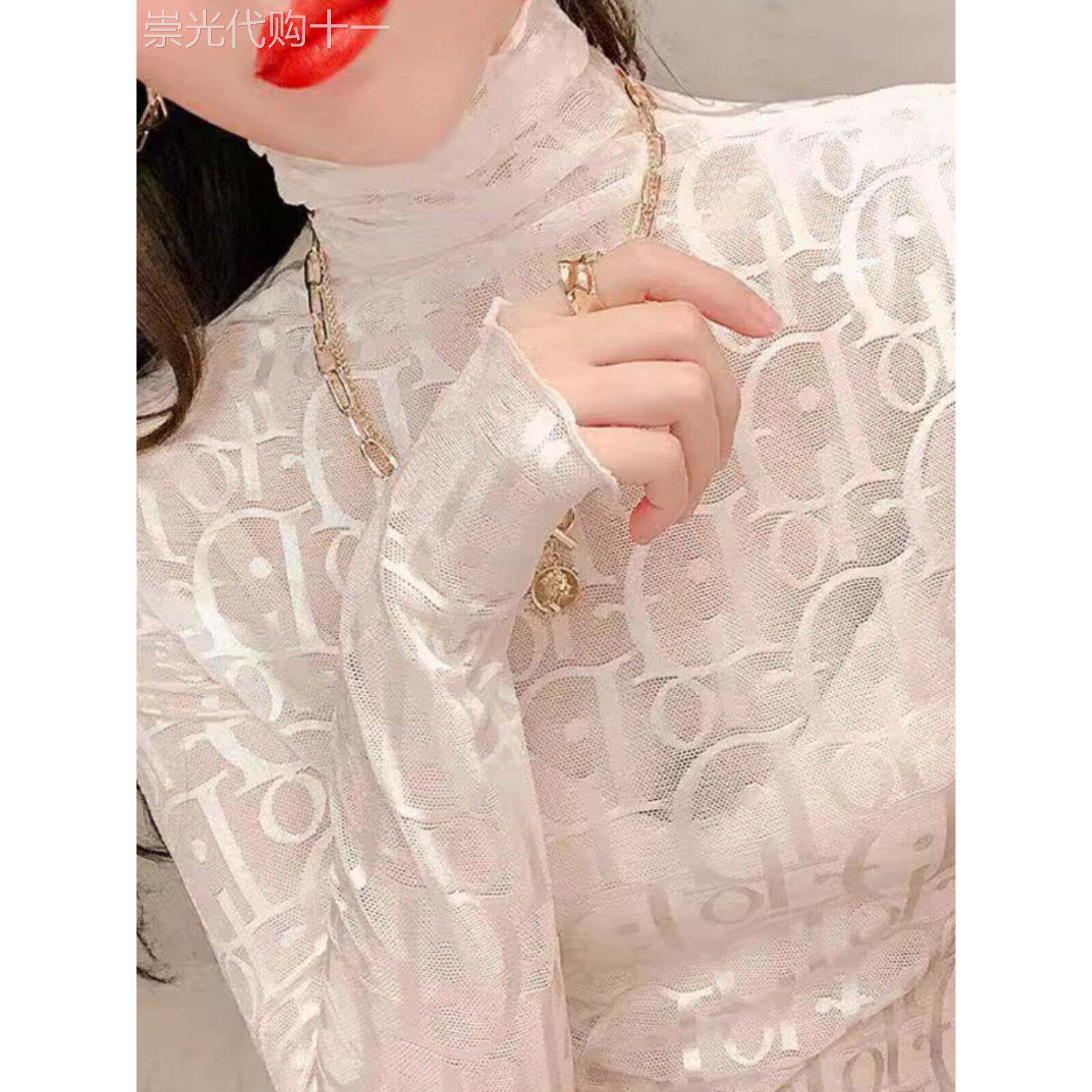 欧货加绒加厚蕾丝打底衫女秋冬新款网纱高领上衣洋气叠穿内搭小衫