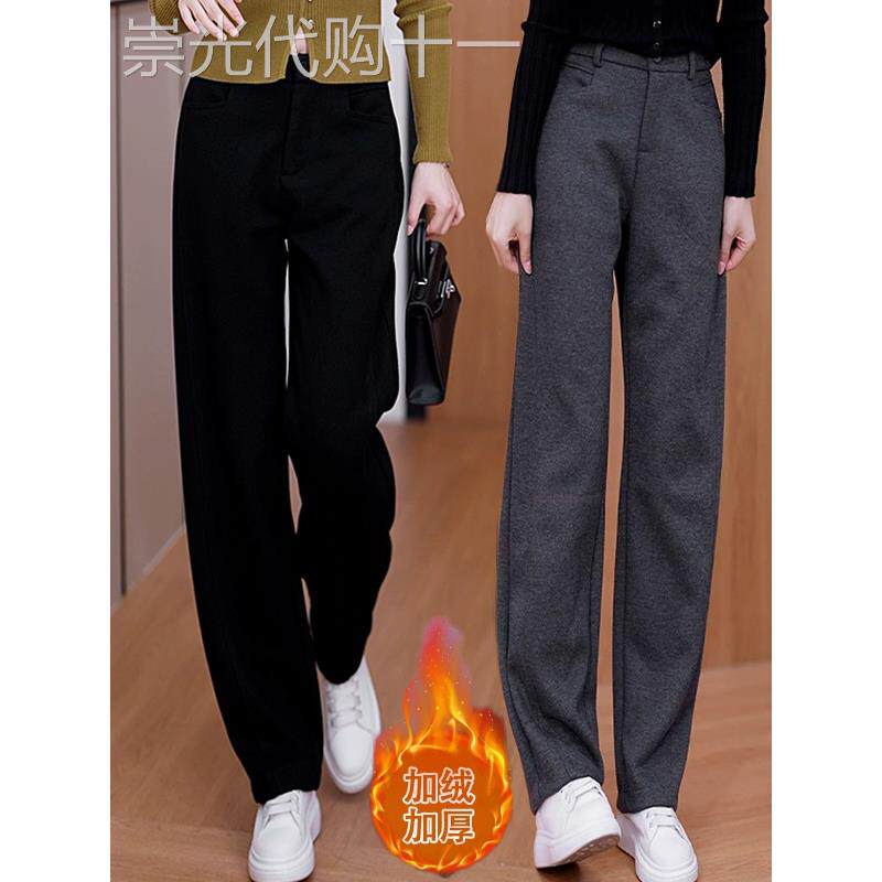 加绒运动裤女2025秋冬高腰宽松阔腿裤松紧腰黑色香蕉弯刀直筒卫裤