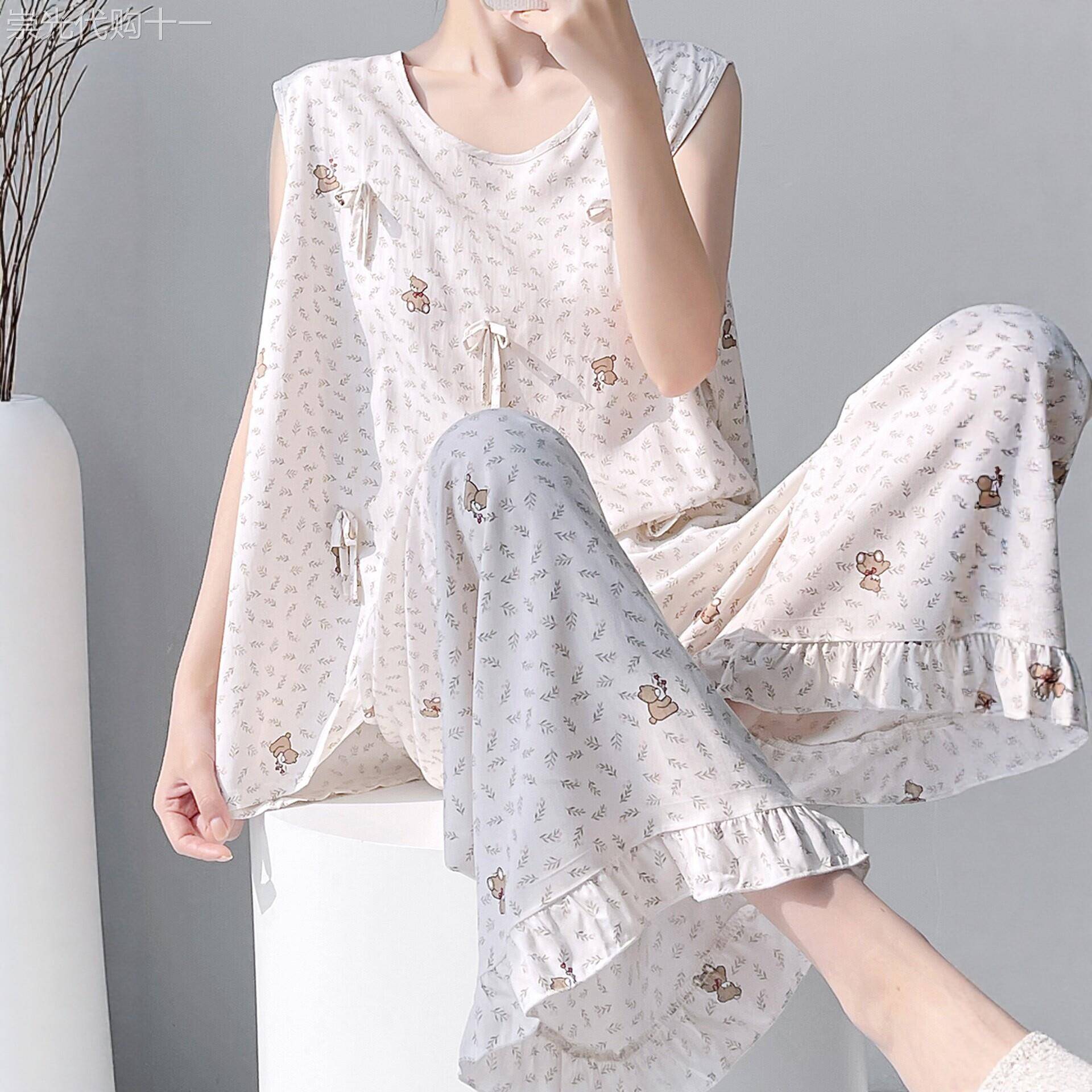 甜美碎花睡衣女夏季带胸垫阔腿裤套装可外穿防凸点棉绸大码家居服