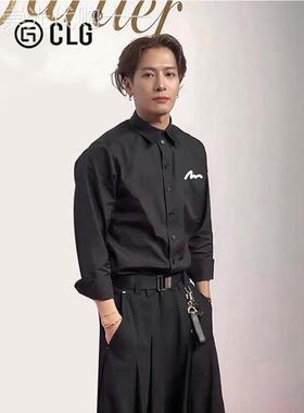 香港CLG潮牌王嘉尔同款黑色长袖衬衫高级感西装内搭打底衬衣外套