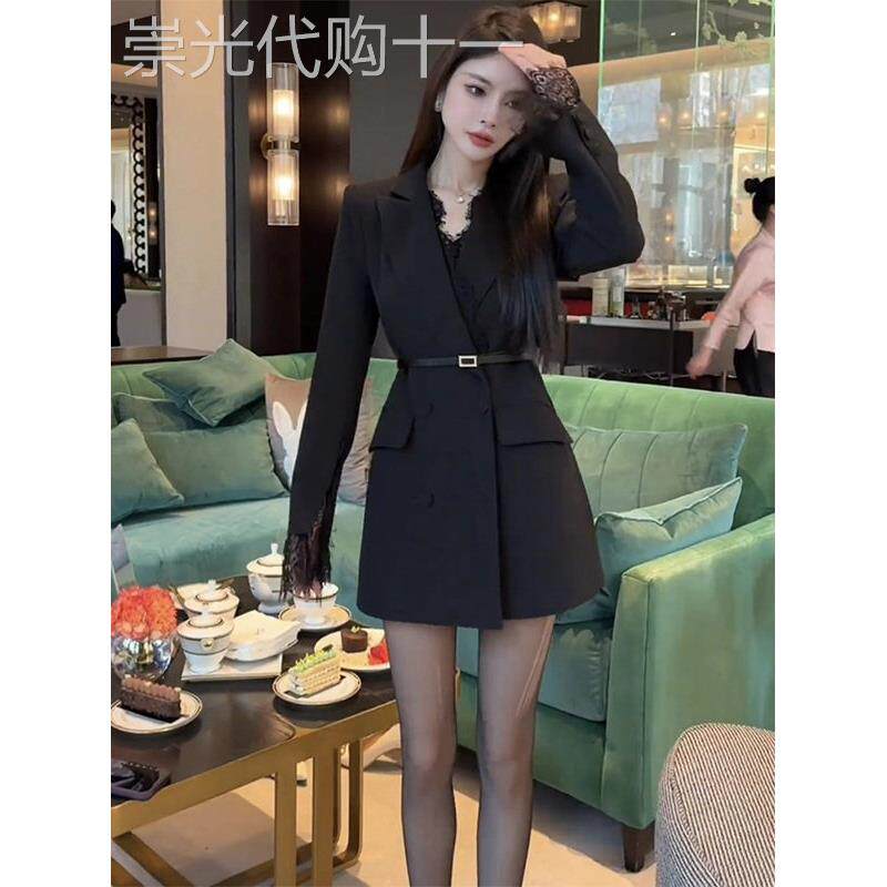 黑色西装外套连衣裙女春秋欧货简约风收腰显瘦高级感气质小黑裙