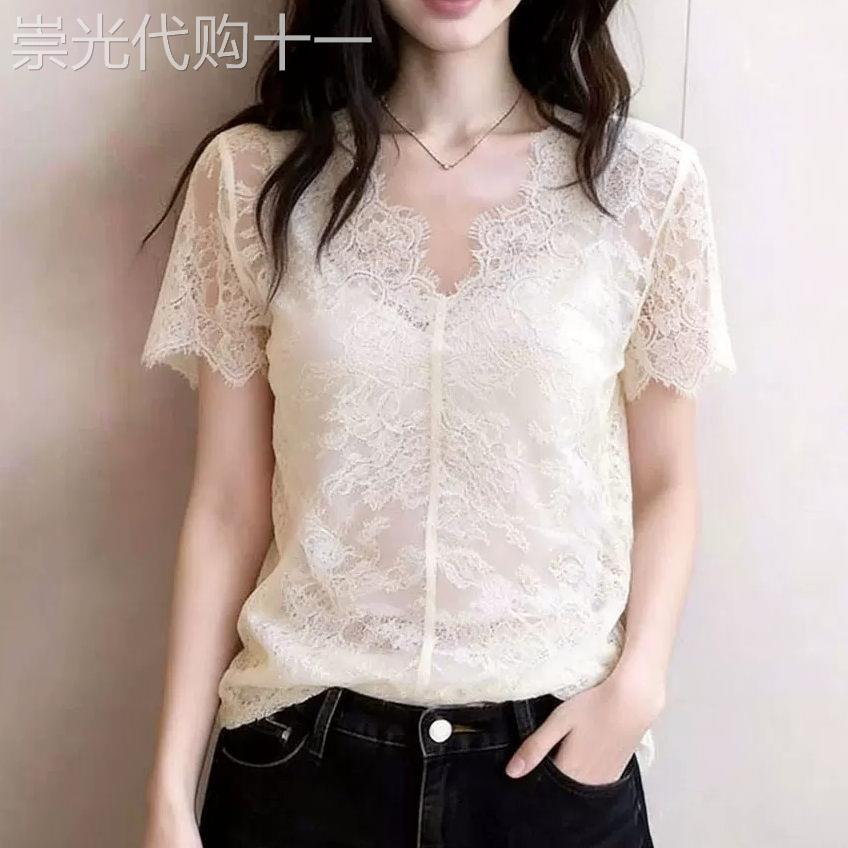 法式浪漫风独特V领短袖透视蕾丝衫女夏季小众设计感时尚气质上衣