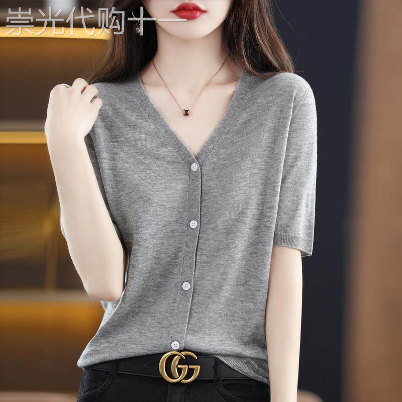 夏季薄款V领冰丝针织开 衫女宽松大尺码中袖高级感气质短袖T恤上