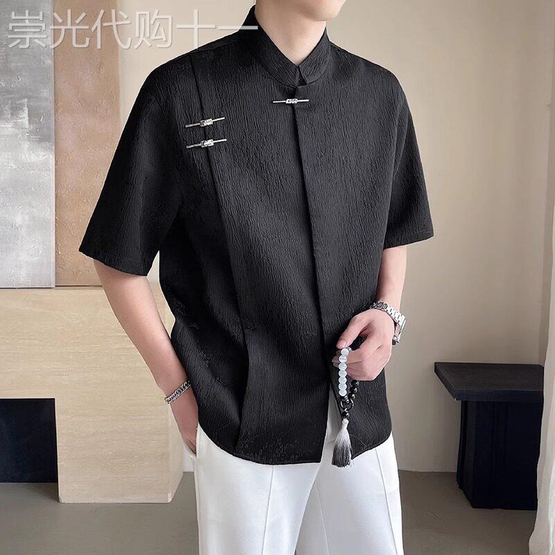 高端新中式提花短袖衬衫男士2026新款夏季盘扣立领唐装衬衣服男款图片