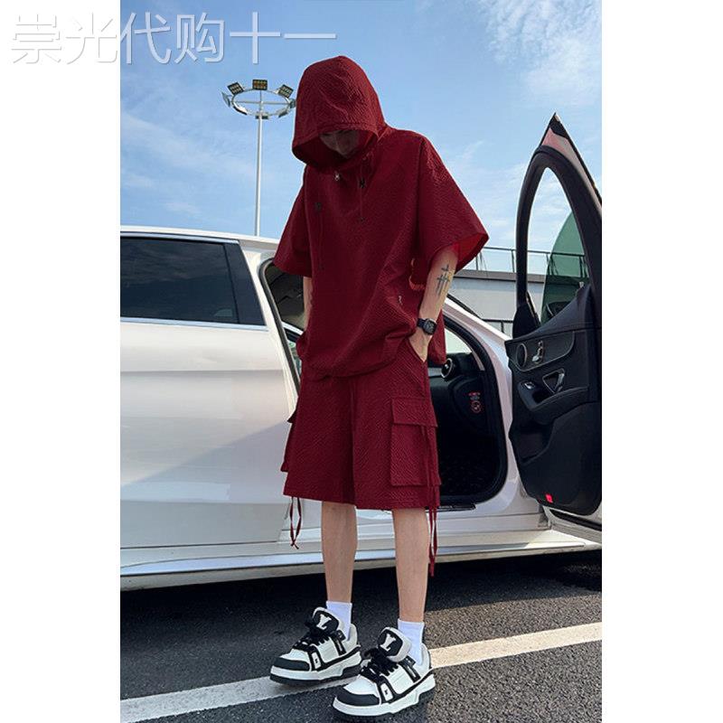 冰丝防晒工装衬衫短袖短裤套装男士夏季潮牌泡泡纱休闲运动两件套