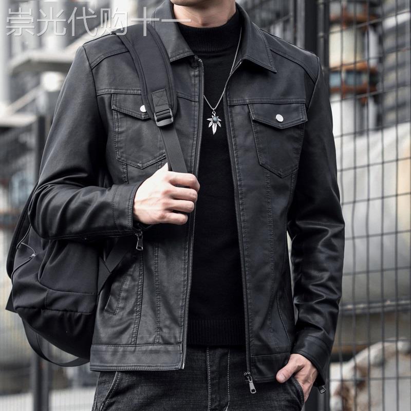 高端黑色皮衣外套男秋冬季新款翻领加绒痞帅机车服真皮皮夹克男装