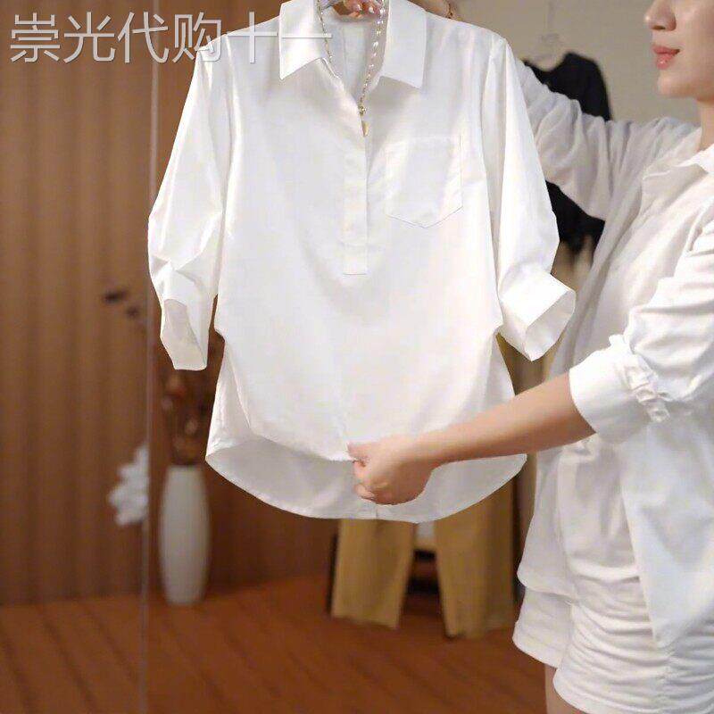 欧洲站白色短袖衬衫女2026新款夏季后背开叉棉质法式宽松大码上衣
