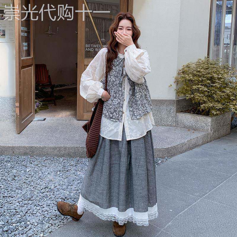 复古日系提花绑带马甲刺绣衬衣套装女2026春季蕾丝拼接半身裙套装