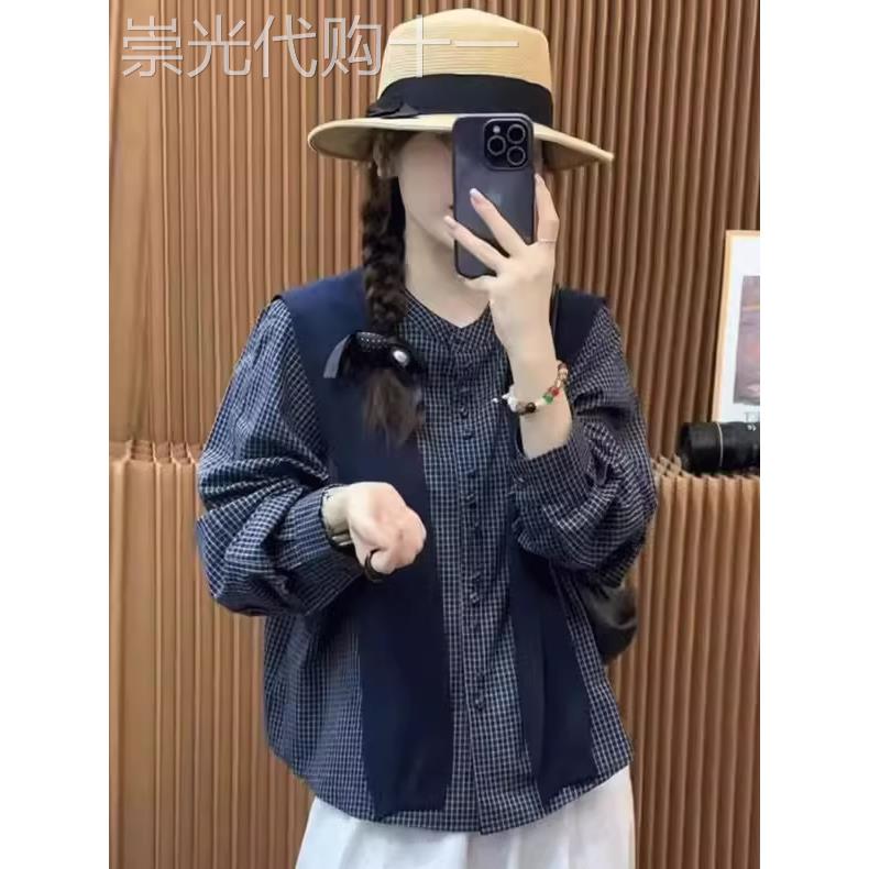 香港TIMO时尚减龄披肩长袖格子衬衫女秋季叠穿衬衣开衫通勤上衣潮