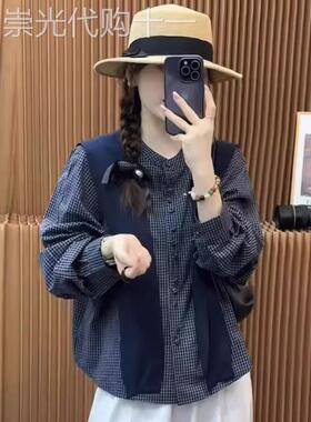 香港TIMO时尚减龄披肩长袖格子衬衫女秋季叠穿衬衣开衫通勤上衣潮