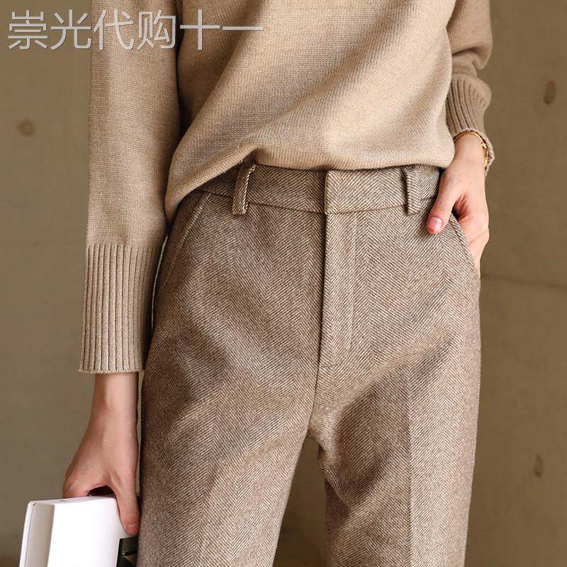 人字纹加厚羊绒毛呢西装裤女2026年秋冬季新款宽松显瘦直筒烟管裤