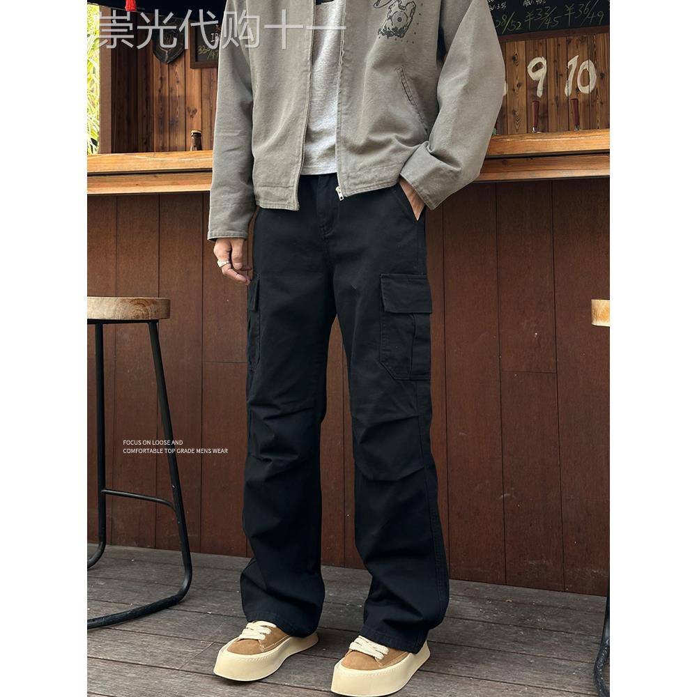 潮牌美式覆古大口袋工装裤男春秋季2025新款宽松直筒纯色休闲长裤