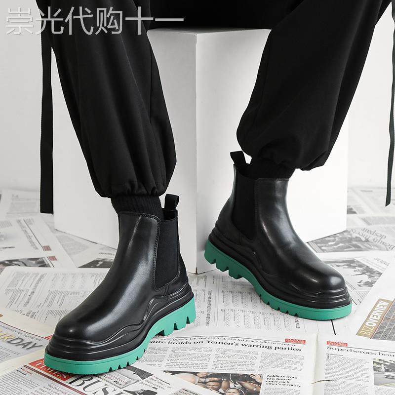 真皮切尔西靴男款秋冬季绿底高帮烟筒靴男士英伦风厚底增高马丁靴