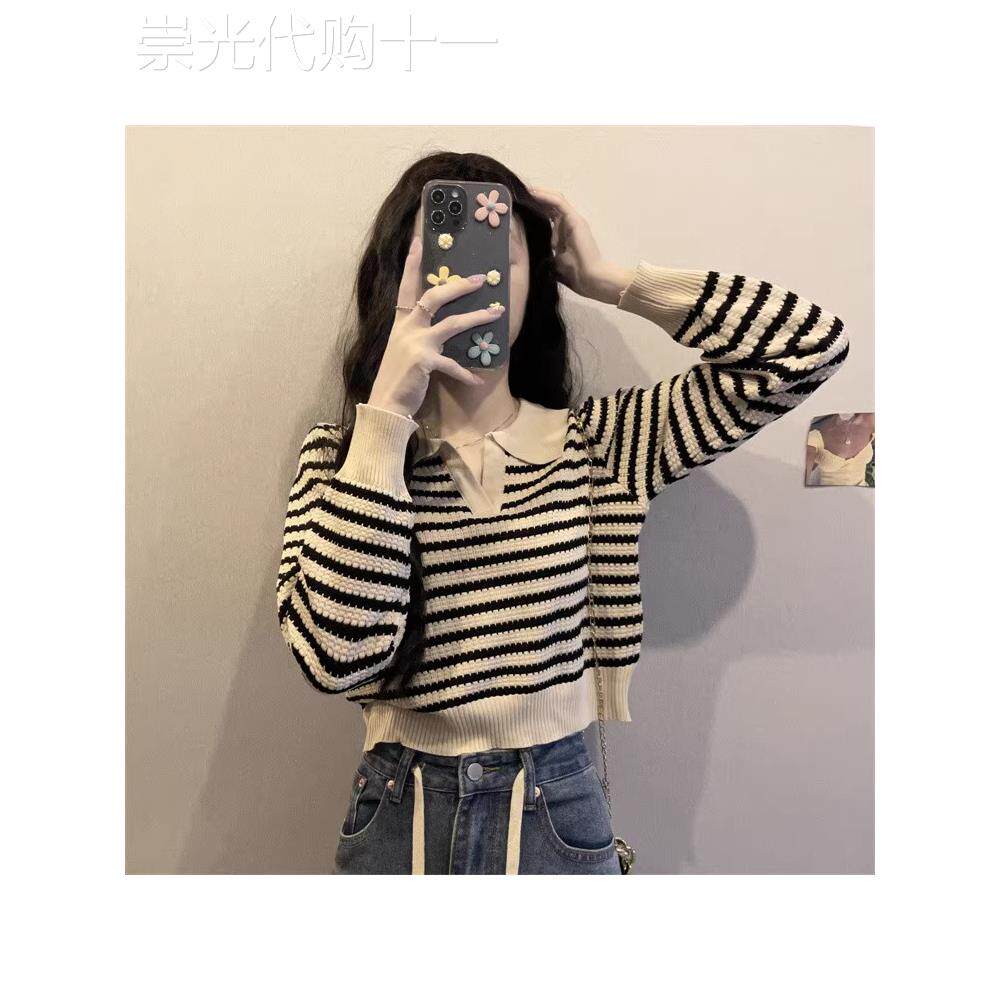 条纹polo领长袖t恤女春秋季2025新款宽松大码显瘦针织打底衫上衣