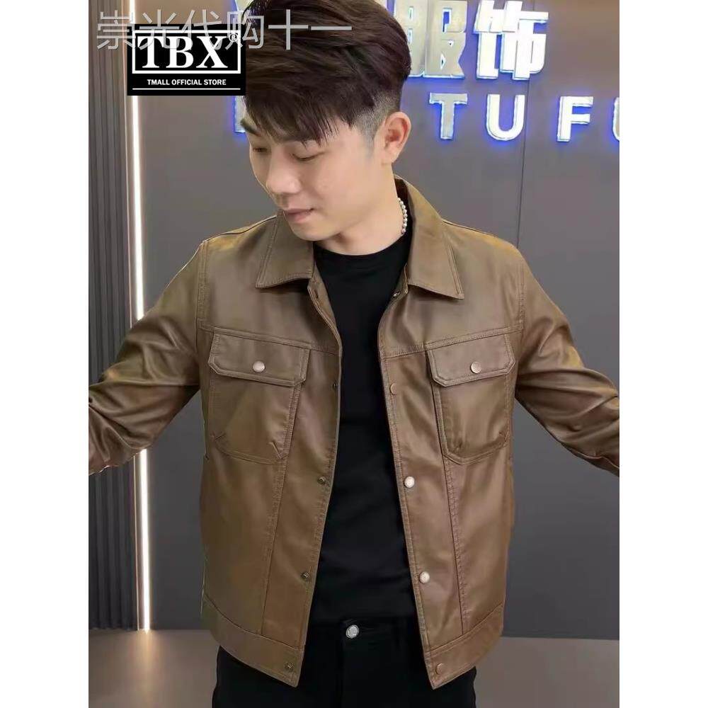 高端皮衣外套男士2025新款春秋季翻领短款皮夹克男款冬装加绒加厚
