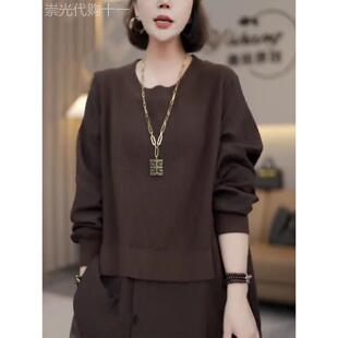 女宽松百搭洋气上衣咖啡色毛衣 针织衫 2025秋冬新款 慵懒风圆领长袖