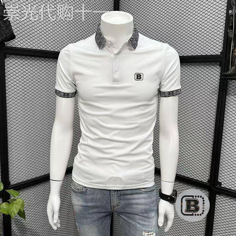 欧美风休闲男士短袖POLO衫夏季新款潮牌时尚花纹领子翻领修身半袖