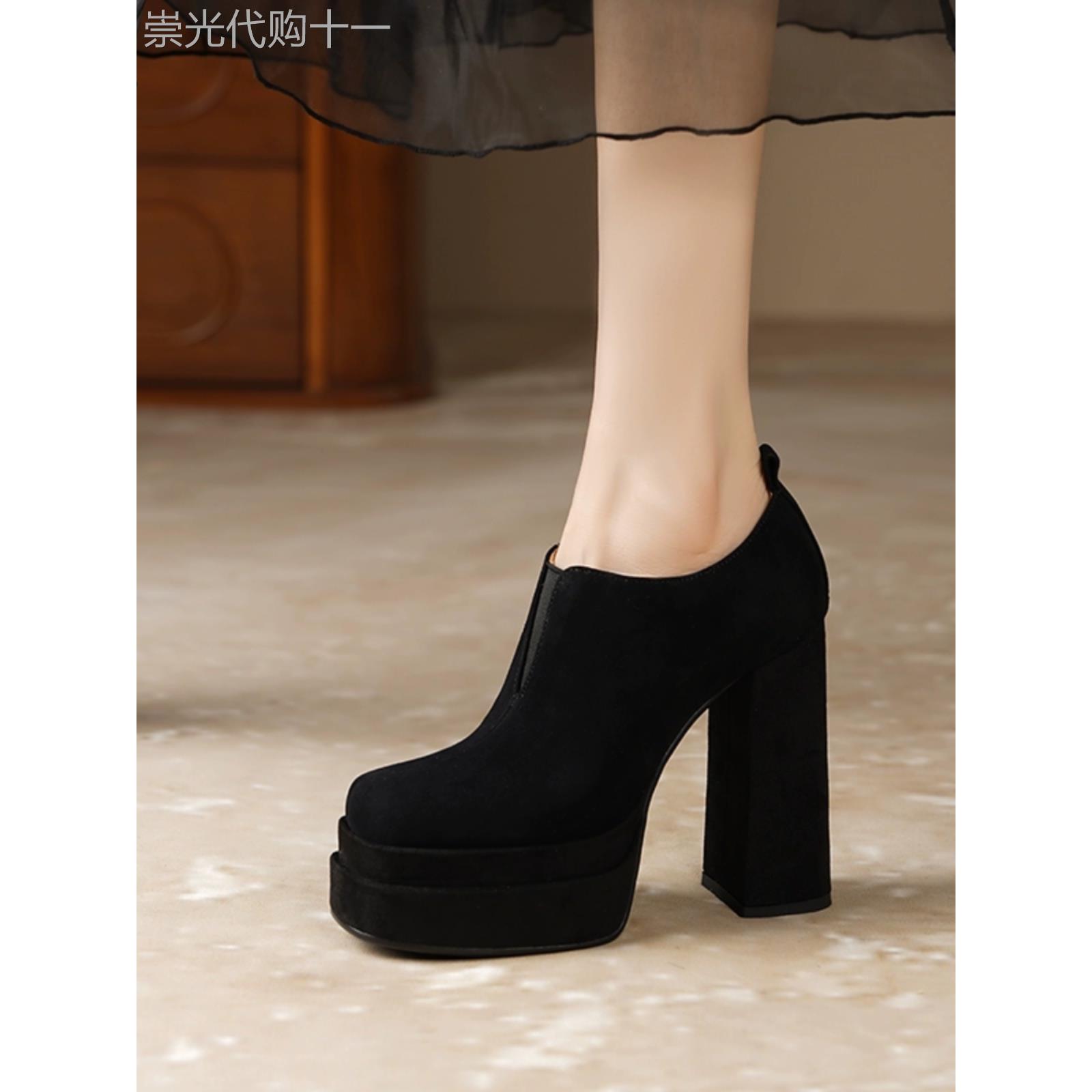 不累脚12.5CM防水台深口超高跟鞋女春秋真皮粗跟增高厚底显瘦单鞋