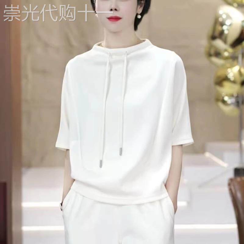 半高领白色短袖T恤女夏季2026欧货时尚厚T恤洋派宽松遮肚显瘦上衣