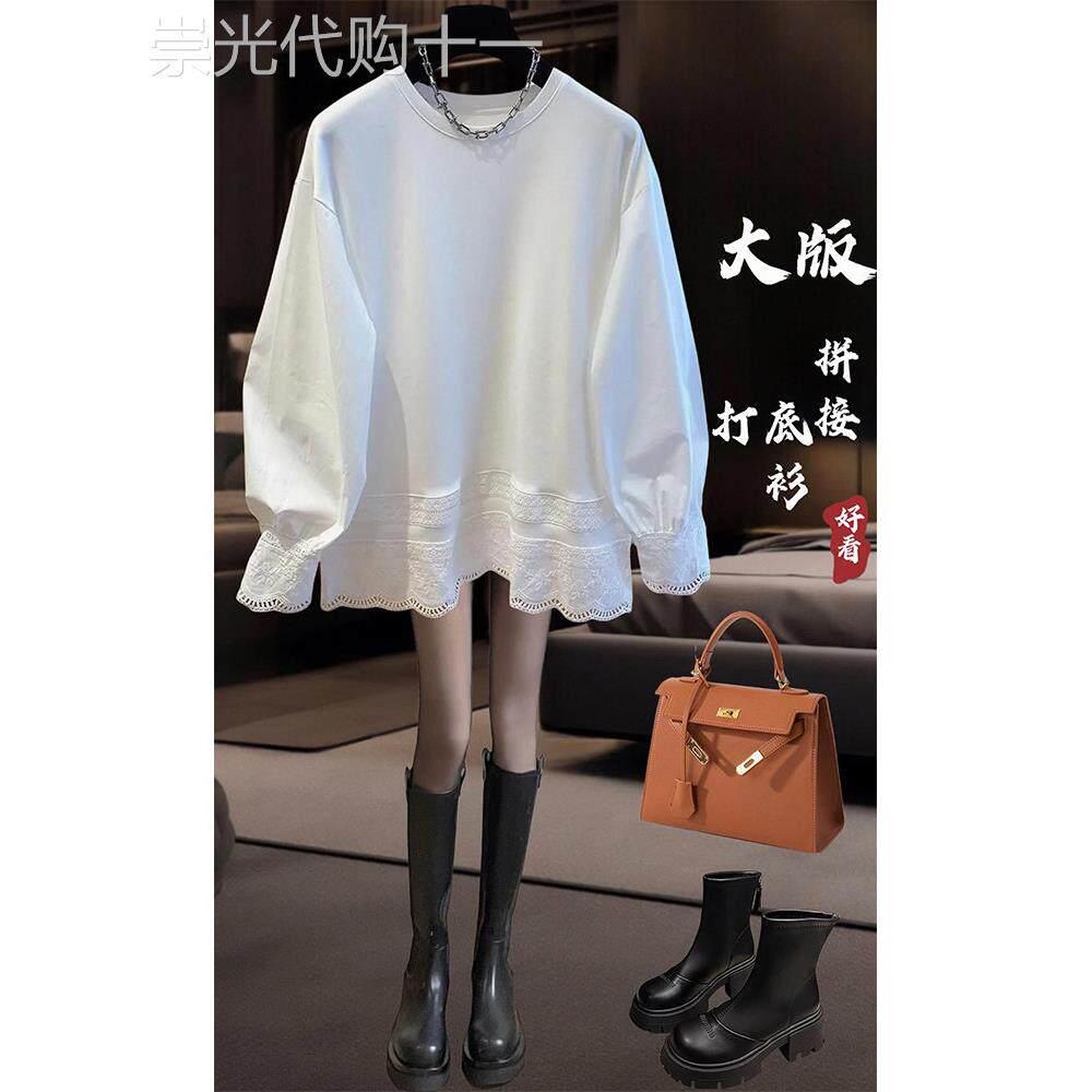 白色圆领长袖早秋女t恤,中长盖臀衬衫,蕾丝鲨鱼裤,上衣