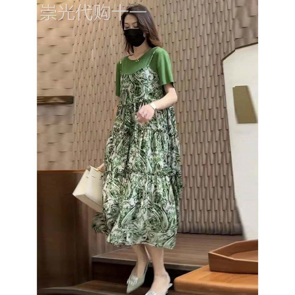 时尚品牌桑蚕丝女装2025夏季新款高端假两件套宽松盖腹及膝裙