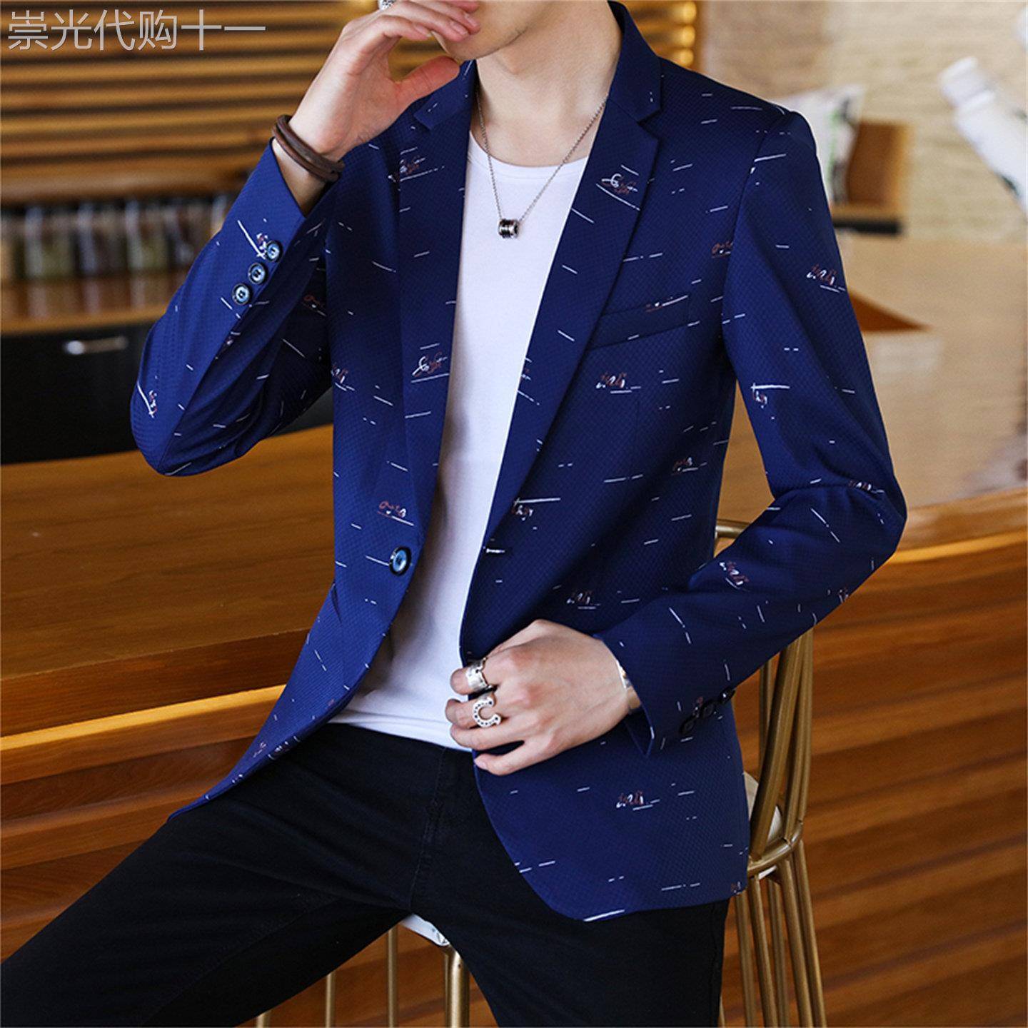 2025新款男士休闲西服春秋季韩版潮流个性印花修身小西装外套男帅