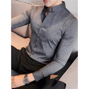 高级感灰色衬衫男长袖修身韩版免烫抗皱高端商务休闲条纹衬衣痞帅