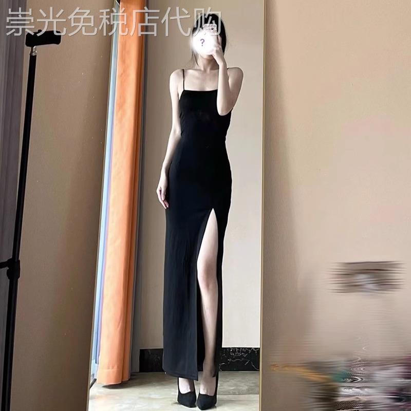 日系夏季2024新款性感黑色吊带连衣裙女法式气质修身纯欲开叉长裙