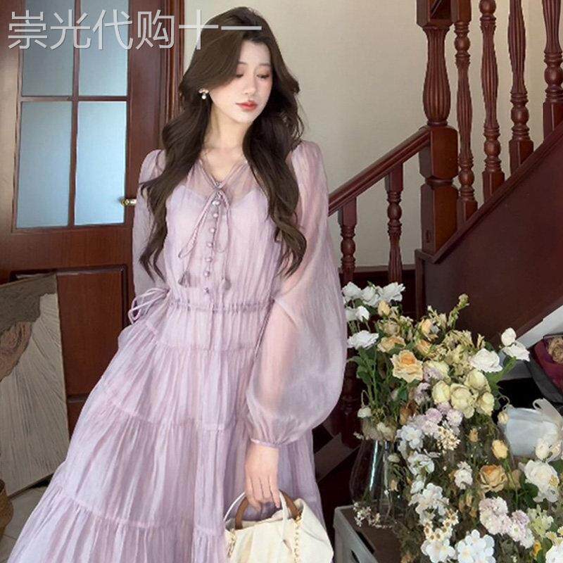 茶歇法式紫色雪纺洋装女2025夏季新款小众设计感别致绝美长裙子