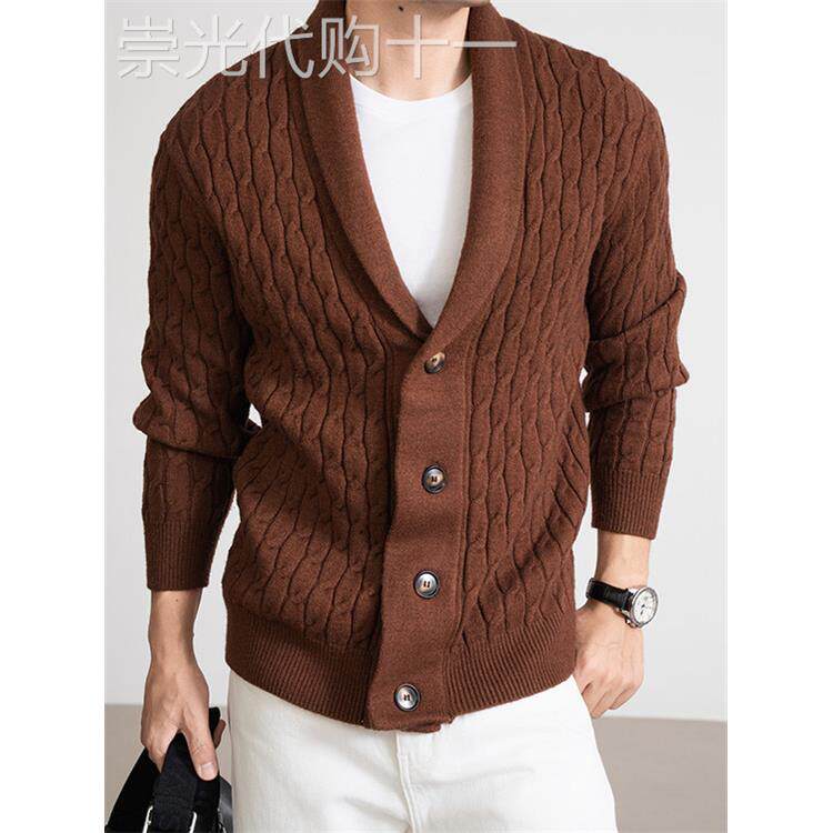 秋冬新款男士羊毛混纺针织开衫青果领麻花毛衣时尚宽松加厚外套