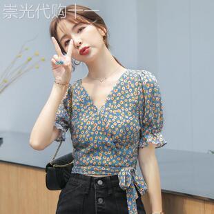 雪纺衫女短袖2026新款t恤夏季韩版宽松洋气短款v领半袖碎花上衣女