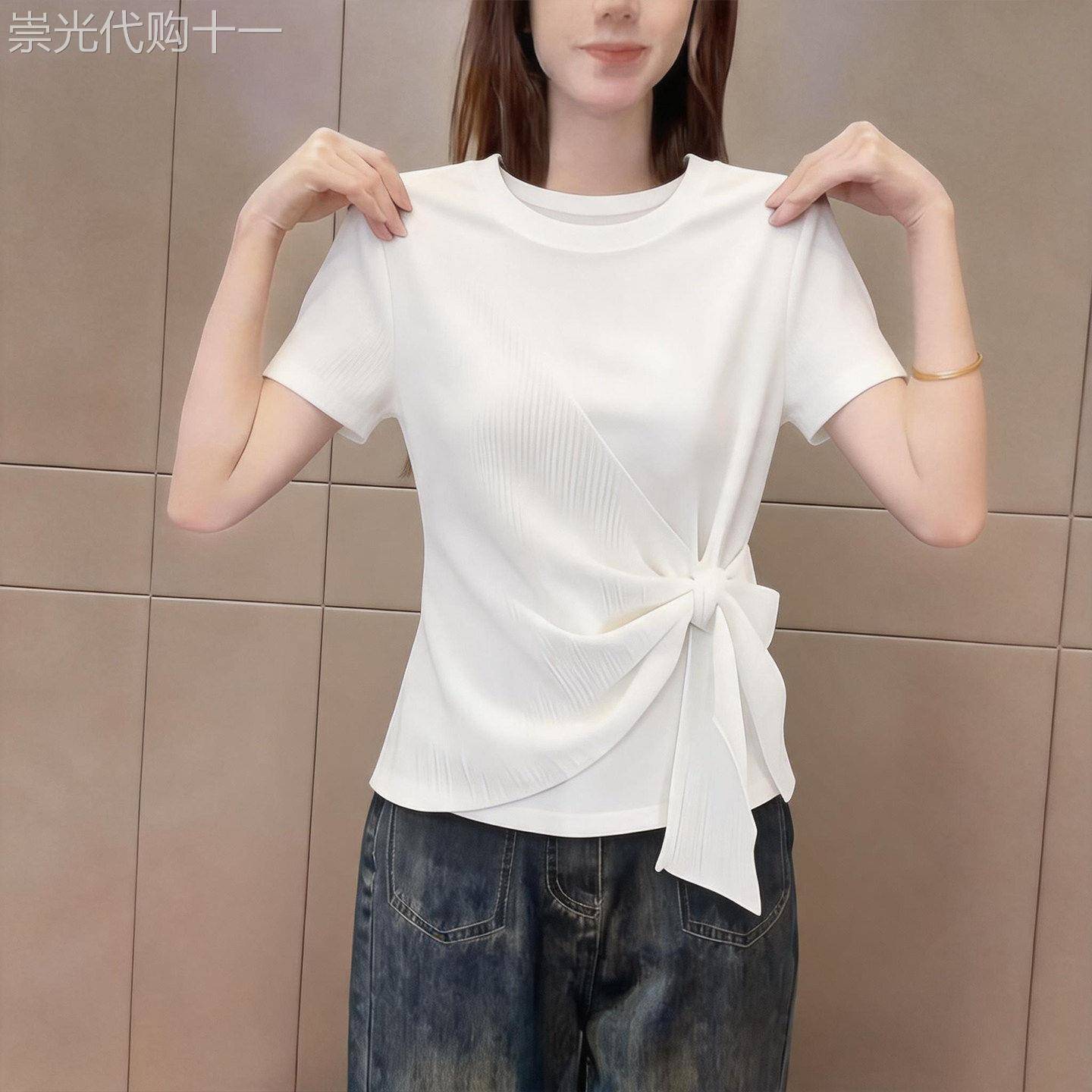 设计感网纱拼接白色正肩短袖T恤女夏新款薄款时尚气质不对称上衣