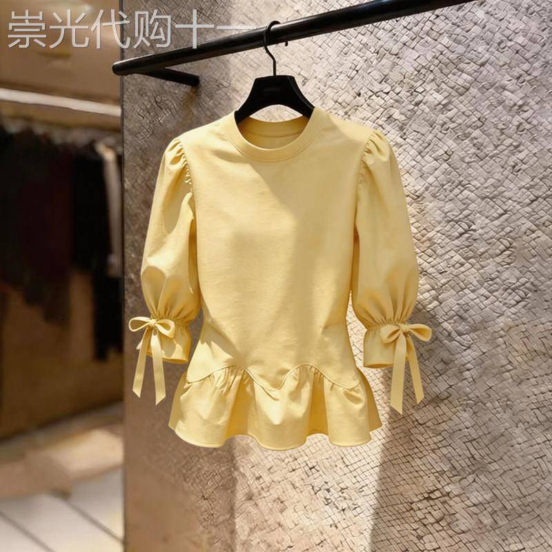 黄色通勤风蝴蝶结收腰上衣女2026年夏季新款时尚显瘦气质大尺码衬